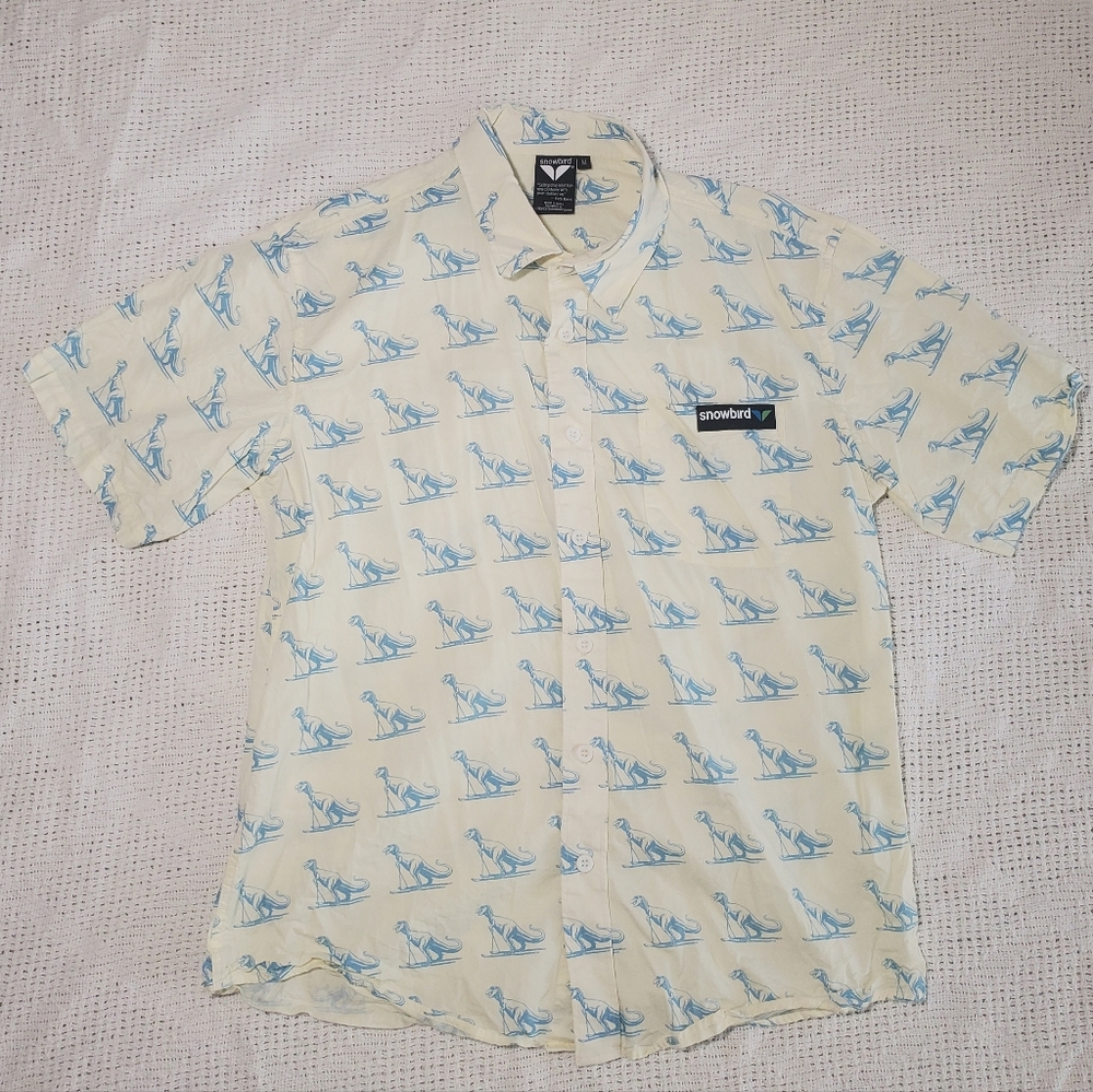 Snowbird Men's Cream/yellowish And Blue Medium Shirt With Skiing T-rex's